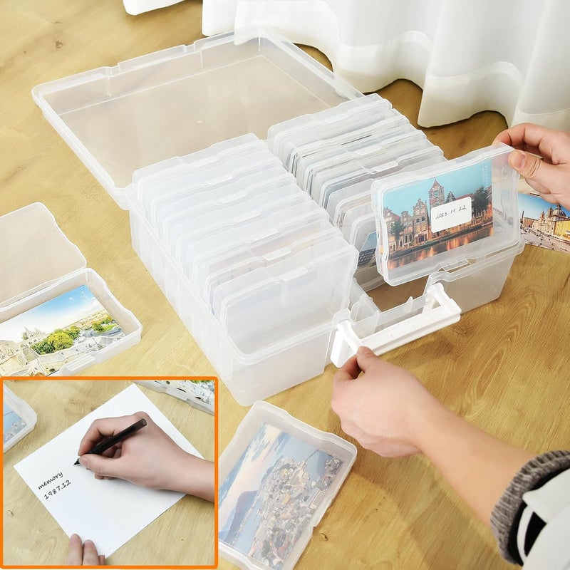 A-Link Photo Storage Box with Handle, 4" x 6" Photo Case Craft Keeper Organizer Container with 16 Inner Case and Label for Pictures, Arts, Crafts, Sewing, Stickers, Office Supplies - Clear - Image 3
